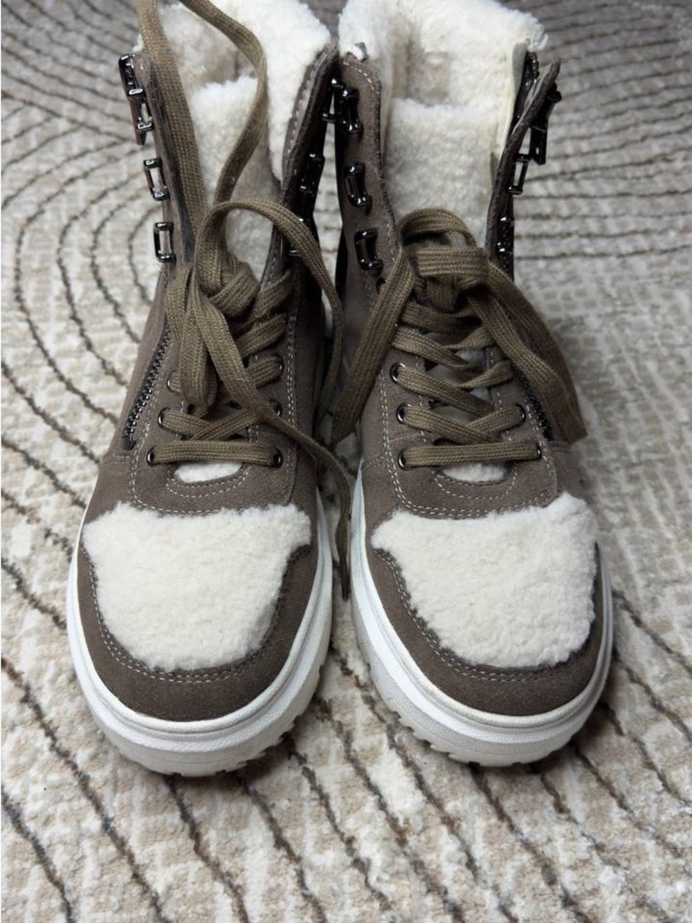 DKNY Taupe Lace-Up Shearling-Trim Boots